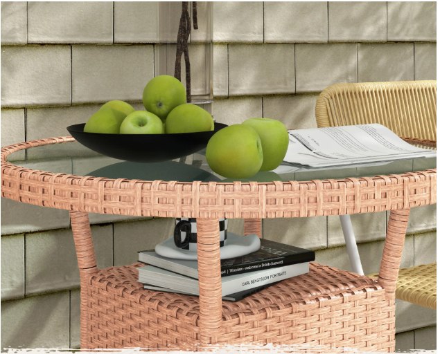 Ronde Tuin Tafel Ø 80 x 75 cm – Rattan met Glazen Blad en Opbergplank voor Balkon en Terras