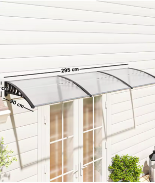 Deurluifel 90 x 295 cm – Gebogen Polycarbonaat Luifel met UV-Bescherming en Regenafvoer
