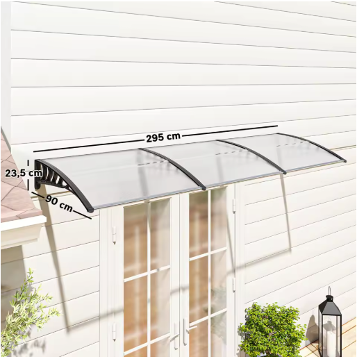 Deurluifel 90 x 295 cm – Gebogen Polycarbonaat Luifel met UV-Bescherming en Regenafvoer