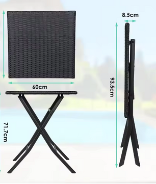 Opvouwbare Bistroset 3-delig – Tafel en 2 Stoelen van Rattan met Stalen Frame voor Balkon en Tuin