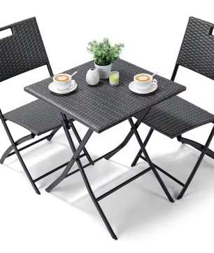 Opvouwbare Bistroset 3-delig – Tafel en 2 Stoelen van Rattan met Stalen Frame voor Balkon en Tuin