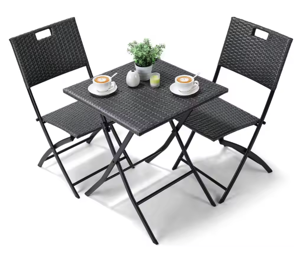 Opvouwbare Bistroset 3-delig – Tafel en 2 Stoelen van Rattan met Stalen Frame voor Balkon en Tuin