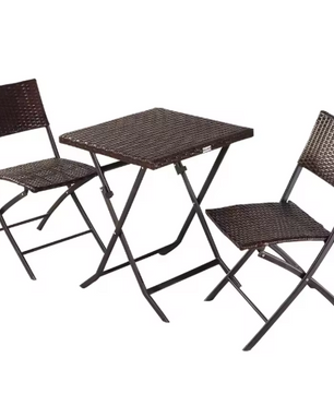 Opvouwbare Bistroset 3-delig – Tafel en 2 Stoelen van Rattan met Stalen Frame voor Balkon en Tuin
