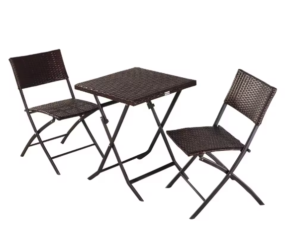 Opvouwbare Bistroset 3-delig – Tafel en 2 Stoelen van Rattan met Stalen Frame voor Balkon en Tuin