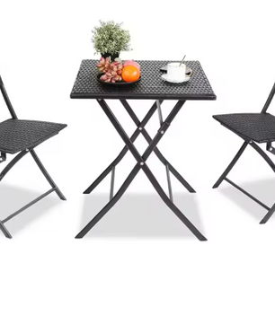 Opvouwbare Bistroset 3-delig – Tafel en 2 Stoelen van Rattan met Stalen Frame voor Balkon en Tuin