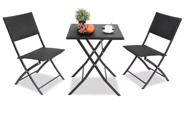 Opvouwbare Bistroset 3-delig – Tafel en 2 Stoelen van Rattan met Stalen Frame voor Balkon en Tuin