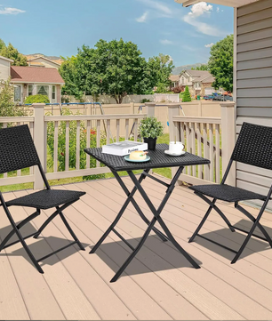 Opvouwbare Bistroset 3-delig – Tafel en 2 Stoelen van Rattan met Stalen Frame voor Balkon en Tuin