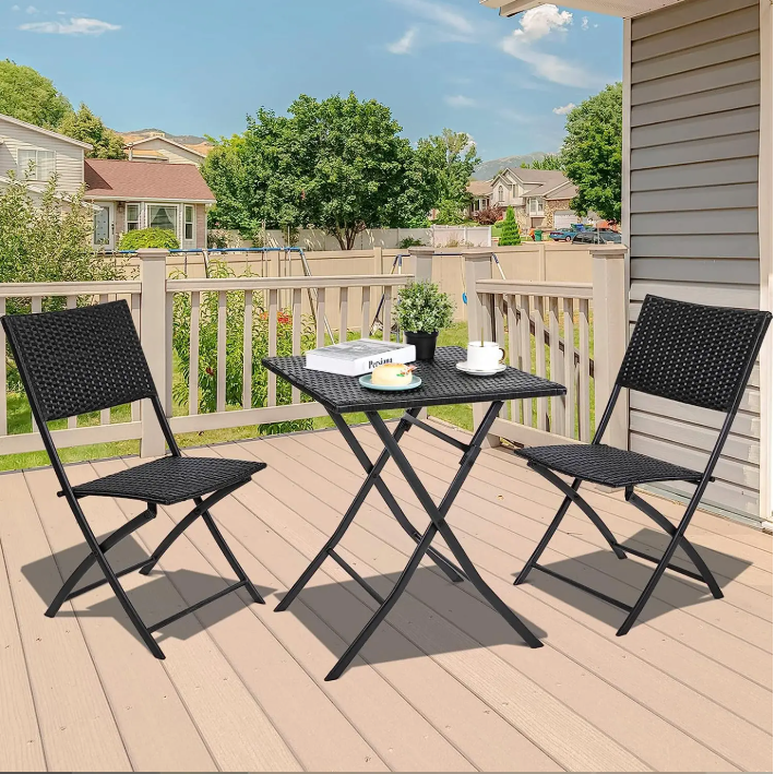 Opvouwbare Bistroset 3-delig – Tafel en 2 Stoelen van Rattan met Stalen Frame voor Balkon en Tuin