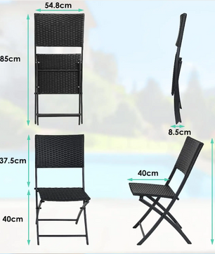 Opvouwbare Bistroset 3-delig – Tafel en 2 Stoelen van Rattan met Stalen Frame voor Balkon en Tuin