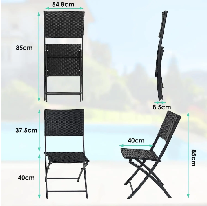 Opvouwbare Bistroset 3-delig – Tafel en 2 Stoelen van Rattan met Stalen Frame voor Balkon en Tuin