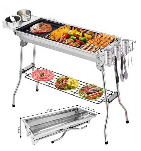 Opvouwbare Houtskool BBQ Grill – RVS Barbecue met Tools Set voor Camping en Outdoor