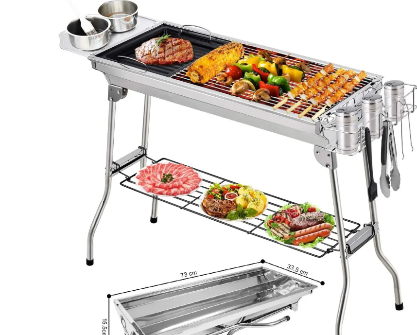 Opvouwbare Houtskool BBQ Grill – RVS Barbecue met Tools Set voor Camping en Outdoor