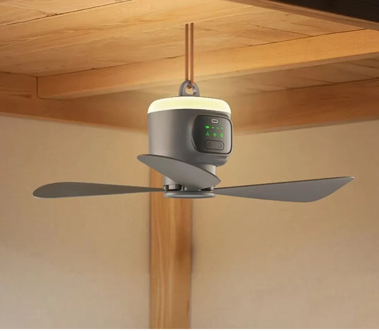 Camping Plafond Ventilator 12000mAh – Draagbare Tent Fan met LED Lamp en Afstandsbediening
