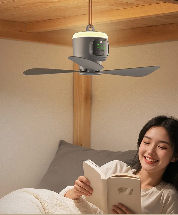 Camping Plafond Ventilator 12000mAh – Draagbare Tent Fan met LED Lamp en Afstandsbediening