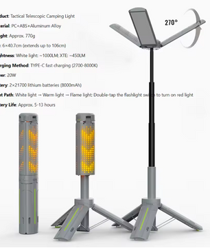 Telescopische Camping Lamp met Statief – Oplaadbare LED Lantaarn 8000mAh met 360° Verlichting