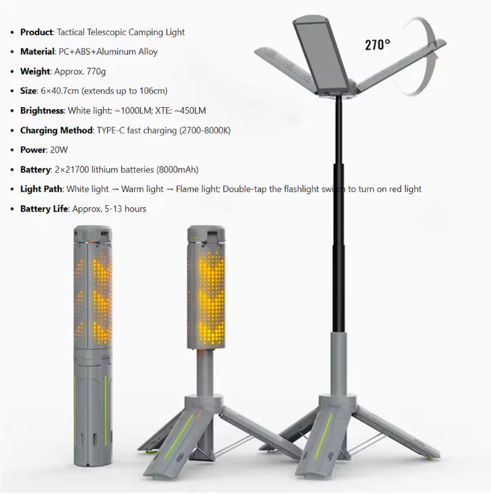 Telescopische Camping Lamp met Statief – Oplaadbare LED Lantaarn 8000mAh met 360° Verlichting