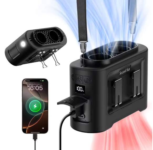 Draagbare Taille Ventilator – 5-in-1 Clip Fan met Powerbank, Zaklamp en Turbo Koeling
