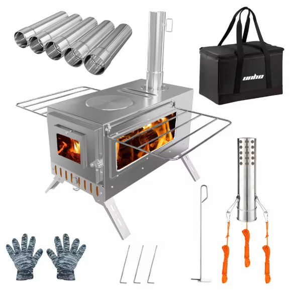 Camping Houtkachel met Schoorsteen – RVS Tentkachel voor Verwarming en Koken Outdoor