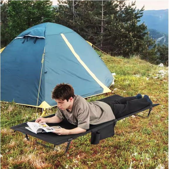 Ultralicht Camping Bed – Opvouwbaar Veldbed met Zijvak en Draagtas, 150 kg Belastbaar
