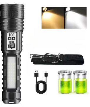 Krachtige LED Zaklamp – Oplaadbare High Power Torch met Dubbel Licht en Waterbestendig Design