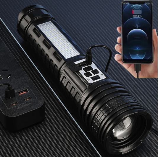 Krachtige LED Zaklamp – Oplaadbare High Power Torch met Dubbel Licht en Waterbestendig Design