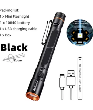 Mini LED Zaklamp – Oplaadbare Penlight met Zoom en Magneet, Compact en Krachtig
