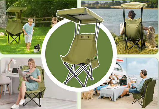 Opvouwbare Campingstoel met Zonnescherm – Lichtgewicht Strandstoel met Luifel en Extra Comfort
