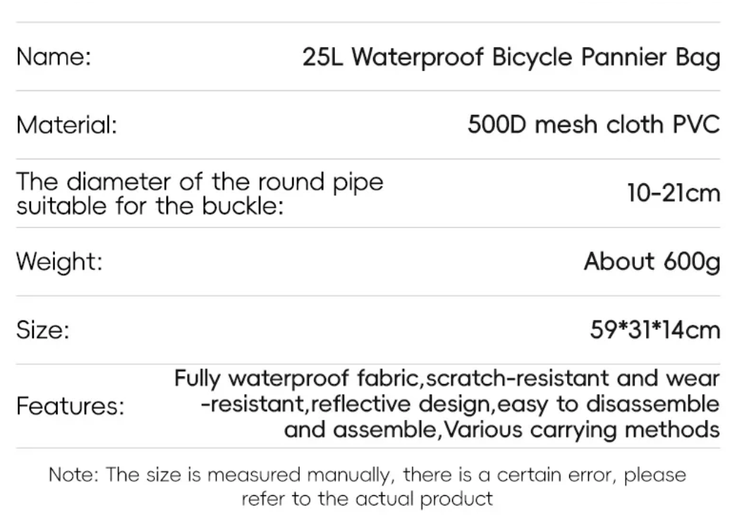 Waterdichte Fietstas 25L – Bagagedrager Zijtas met Grote Capaciteit en Reflectie