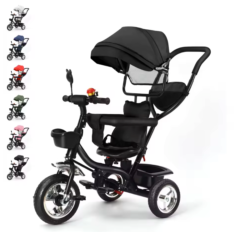 Meegroeifiets 3-in-1 Kinderdriewieler – Met Duwstang, Zonnescherm en Mand
