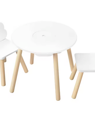 Kinder Tafel met 2 Stoelen – Houten Speeltafel met Rugleuning en Opbergruimte