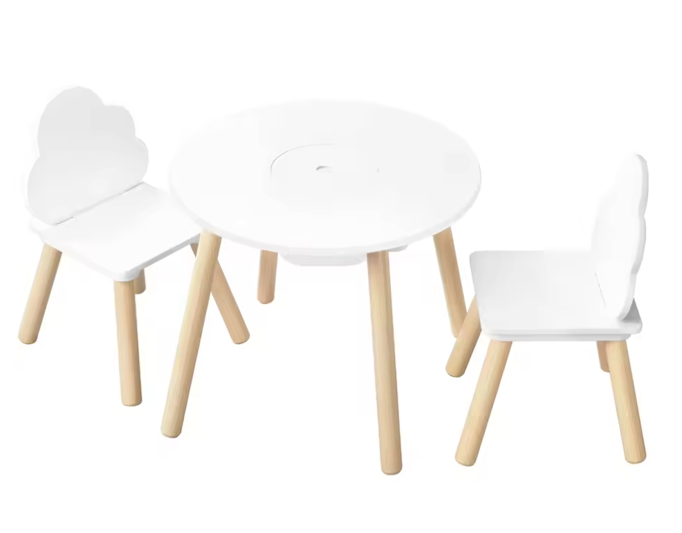 Kinder Tafel met 2 Stoelen – Houten Speeltafel met Rugleuning en Opbergruimte