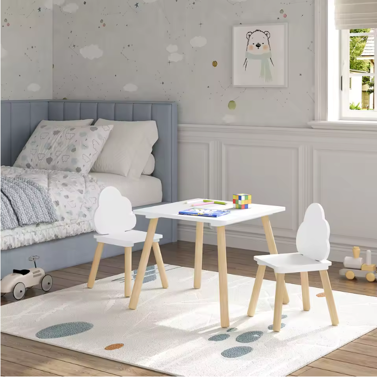 Kinder Tafel met 2 Stoelen – Houten Speeltafel met Rugleuning en Opbergruimte