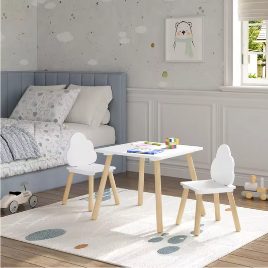 Kinder Tafel met 2 Stoelen – Houten Speeltafel met Rugleuning en Opbergruimte