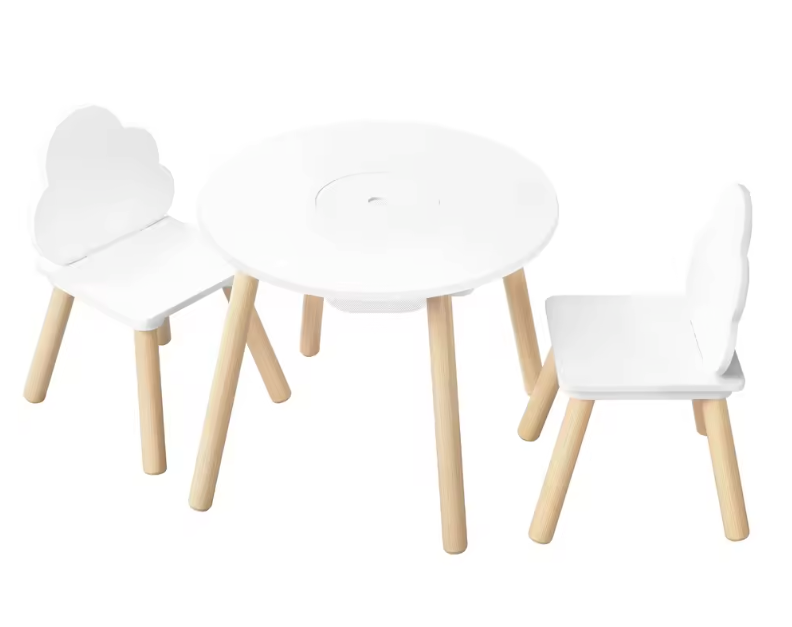 Kinder Tafel met 2 Stoelen – Houten Speeltafel met Rugleuning en Opbergruimte