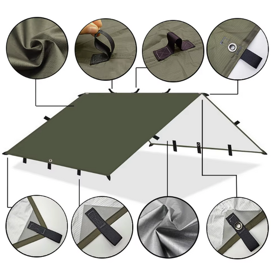 Waterdicht Bushcraft Tarp 19 Ophangpunten – Multifunctioneel Zonnescherm en Outdoor Luifel 3x3m / 3x4m / 3x5m / 4x4m