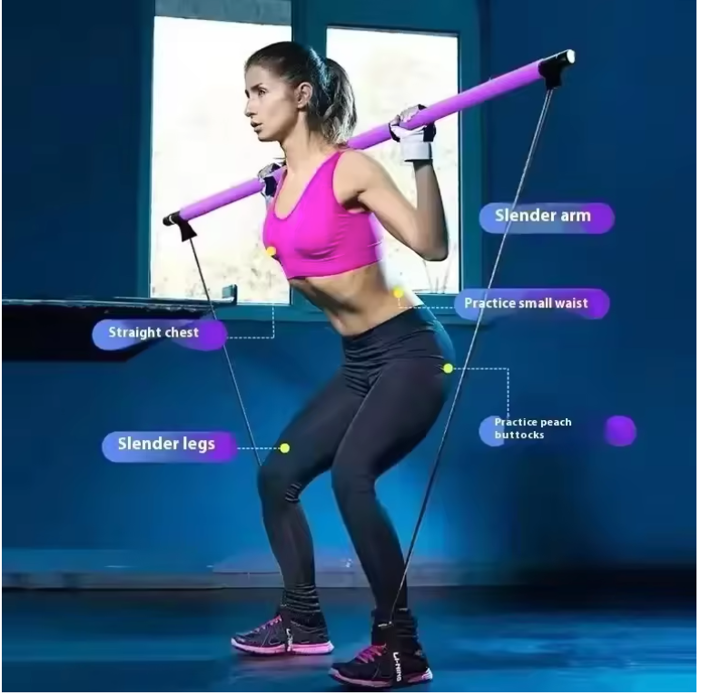 Pilates Bar Set met Weerstandsbanden – Yoga Fitness Stick voor Thuis Workout en Full Body Training`