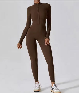 Dames Sport Jumpsuit – One Piece Fitness Bodysuit met Rits en Lange Mouwen