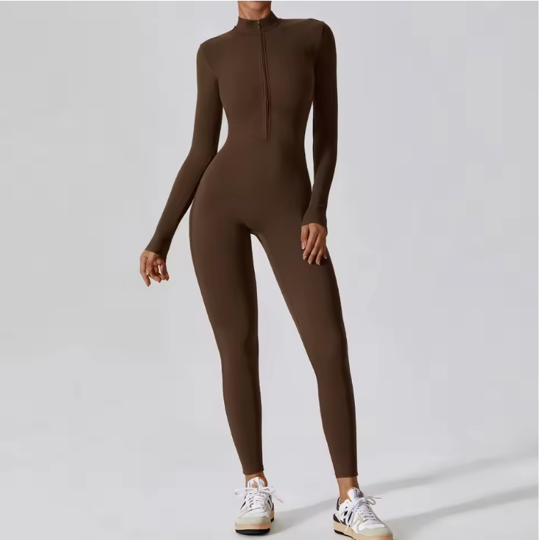Dames Sport Jumpsuit – One Piece Fitness Bodysuit met Rits en Lange Mouwen