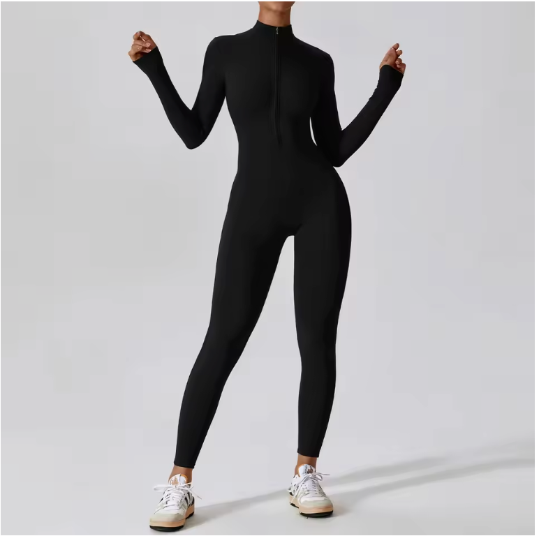 Dames Sport Jumpsuit – One Piece Fitness Bodysuit met Rits en Lange Mouwen