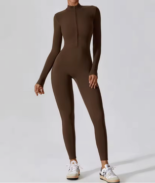 Dames Sport Jumpsuit – One Piece Fitness Bodysuit met Rits en Lange Mouwen