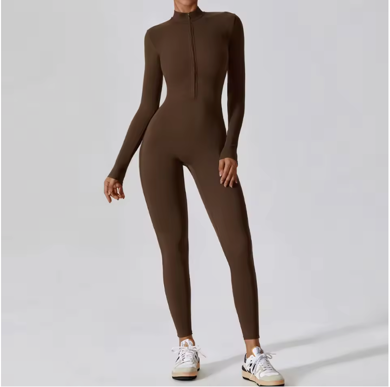Dames Sport Jumpsuit – One Piece Fitness Bodysuit met Rits en Lange Mouwen