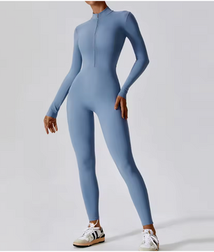 Dames Sport Jumpsuit – One Piece Fitness Bodysuit met Rits en Lange Mouwen
