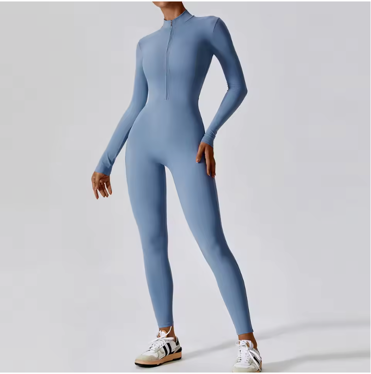 Dames Sport Jumpsuit – One Piece Fitness Bodysuit met Rits en Lange Mouwen