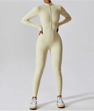 Dames Sport Jumpsuit – One Piece Fitness Bodysuit met Rits en Lange Mouwen