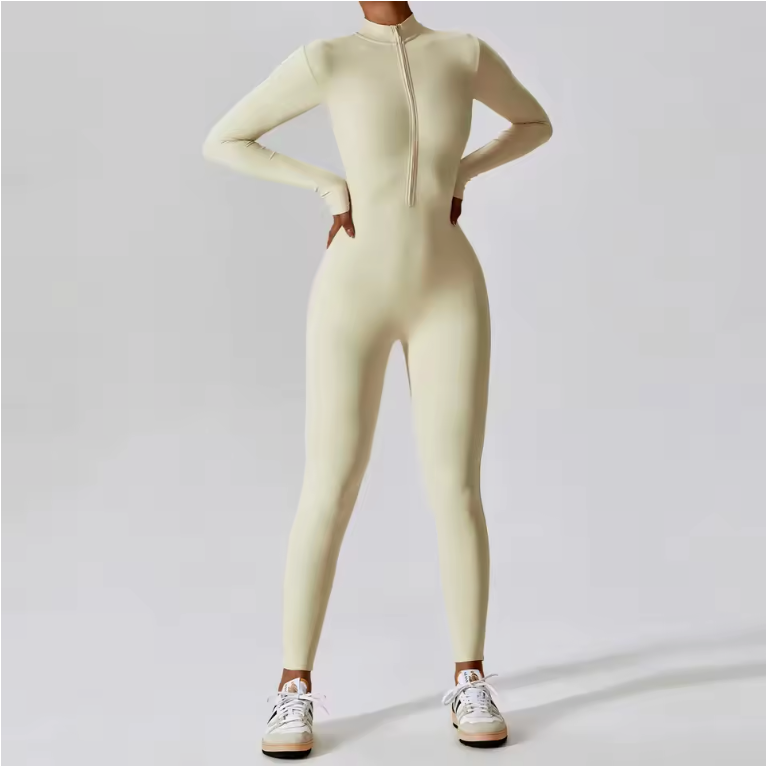 Dames Sport Jumpsuit – One Piece Fitness Bodysuit met Rits en Lange Mouwen
