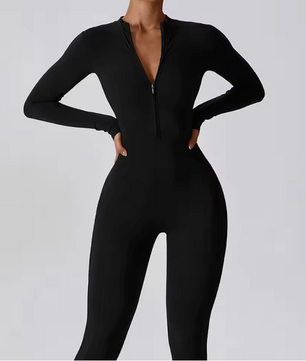 Dames Sport Jumpsuit – One Piece Fitness Bodysuit met Rits en Lange Mouwen