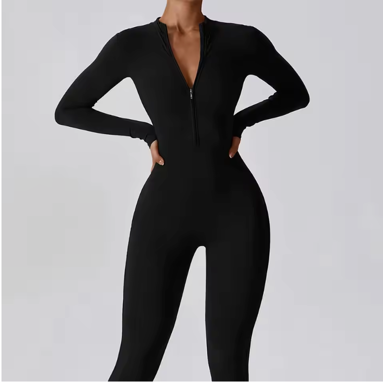 Dames Sport Jumpsuit – One Piece Fitness Bodysuit met Rits en Lange Mouwen