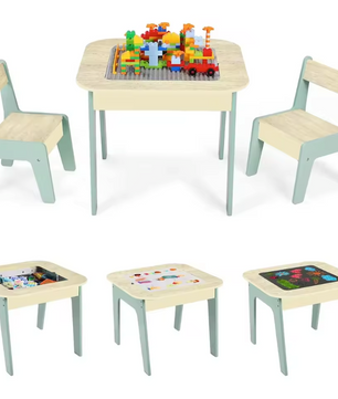 Kinder Speeltafel met 2 Stoelen – 4-in-1 Activiteitentafel met Opbergruimte en Bouwplaat
