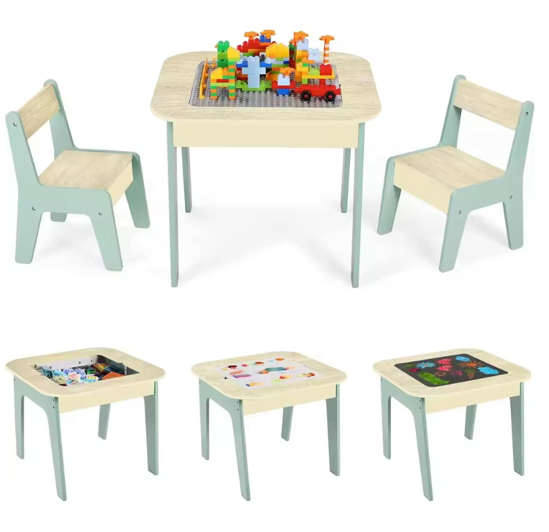 Kinder Speeltafel met 2 Stoelen – 4-in-1 Activiteitentafel met Opbergruimte en Bouwplaat
