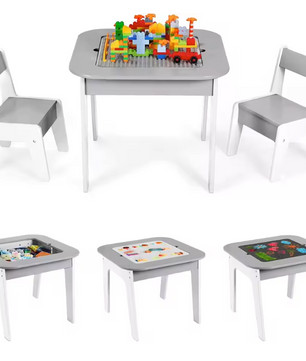 Kinder Speeltafel met 2 Stoelen – 4-in-1 Activiteitentafel met Opbergruimte en Bouwplaat